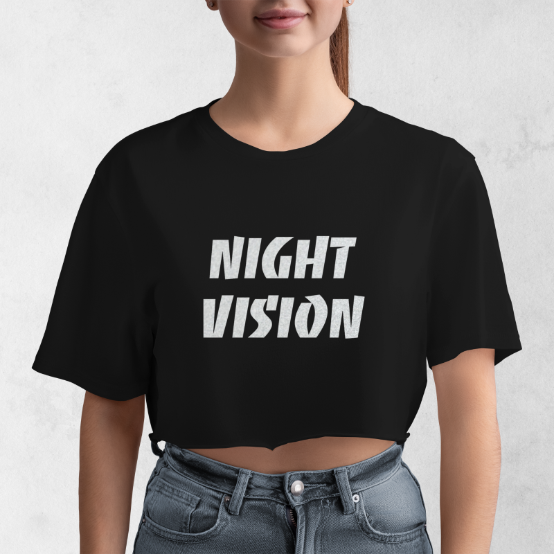 Dámsky croptop NIGHT VISION s reflexnou potlačou – čierny