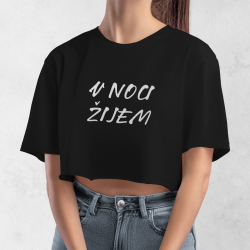 Croptop V NOCI ŽIJEM – čierny s reflexnou potlačou