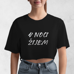 Croptop V NOCI ŽIJEM – čierny s reflexnou potlačou